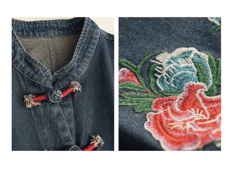 AmaxluluE 2025 Fall Chinese Style Suits Women Denim Floral Two Pieces Sets Loose Fashion Jacket Vintage Elastic High Waist Jeans