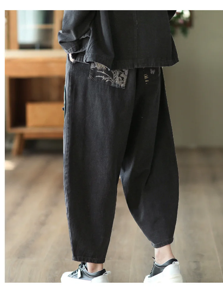 AmaxluluE 2025 Fall Chinese Style Suits Women Denim Floral Two Pieces Sets Loose Fashion Jacket Vintage Elastic High Waist Jeans