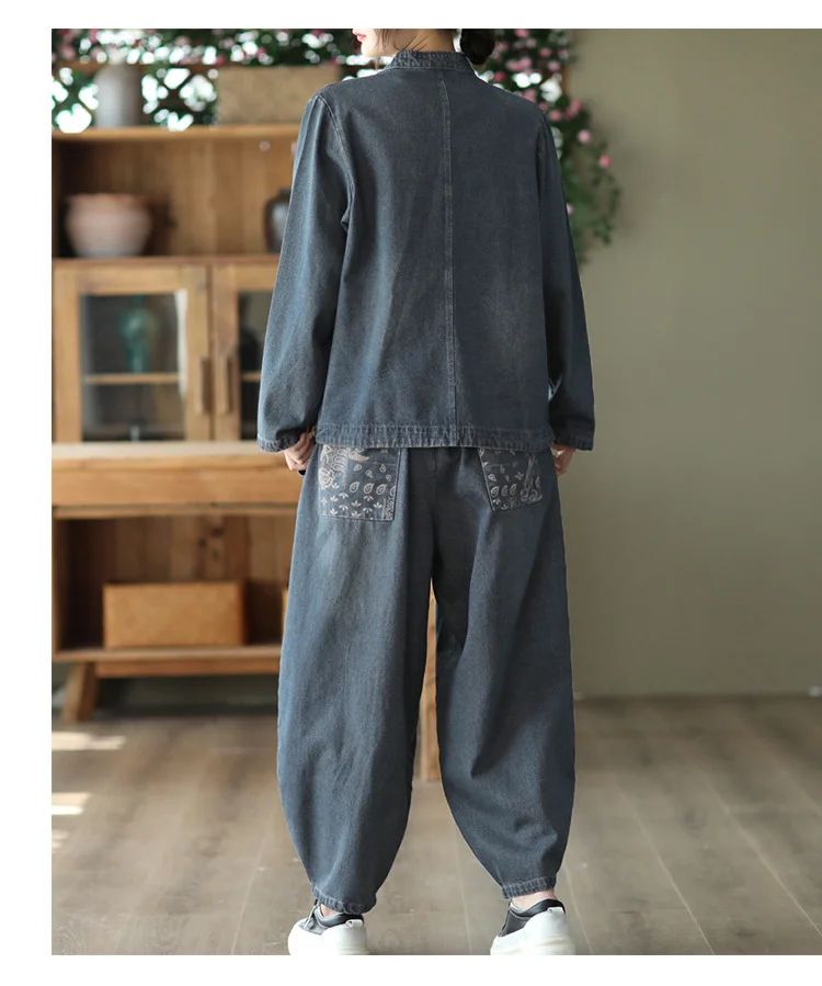 AmaxluluE 2025 Fall Chinese Style Suits Women Denim Floral Two Pieces Sets Loose Fashion Jacket Vintage Elastic High Waist Jeans
