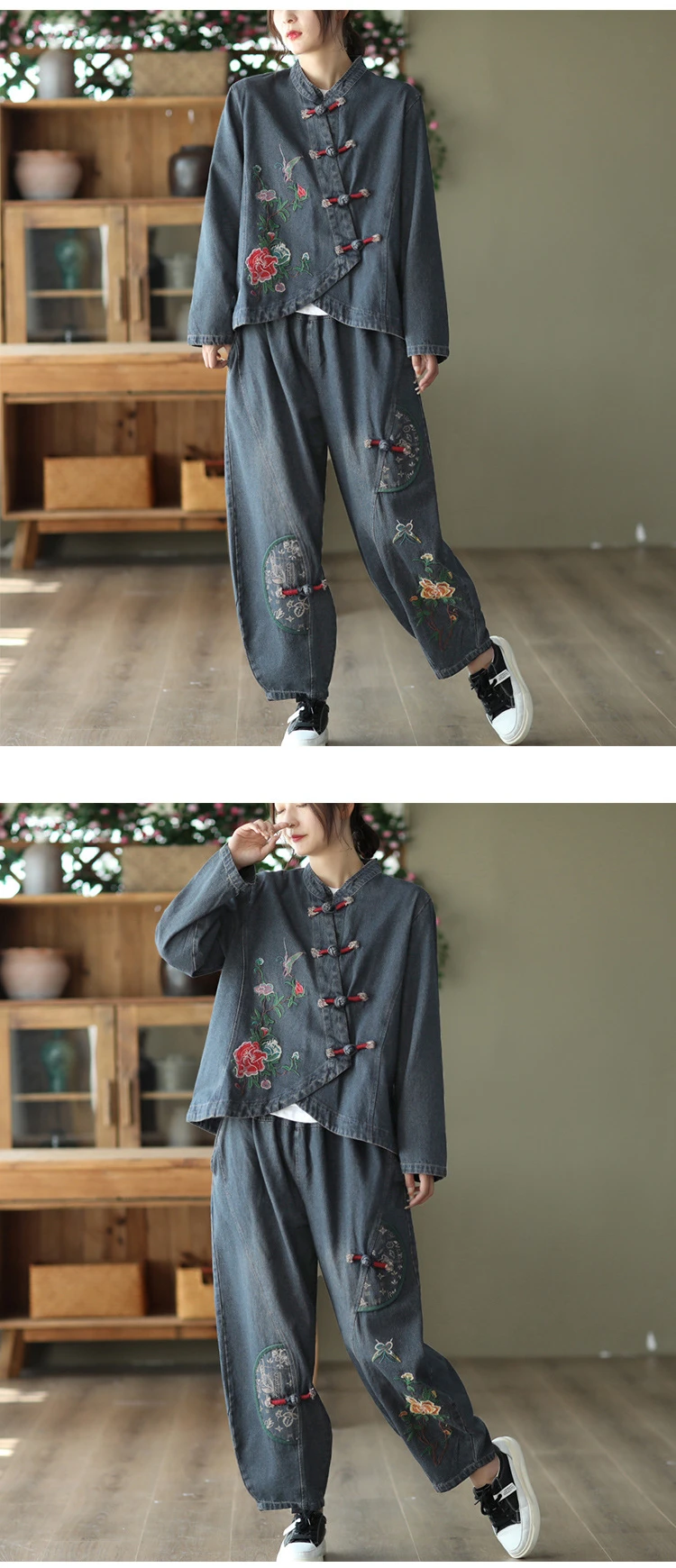 AmaxluluE 2025 Fall Chinese Style Suits Women Denim Floral Two Pieces Sets Loose Fashion Jacket Vintage Elastic High Waist Jeans