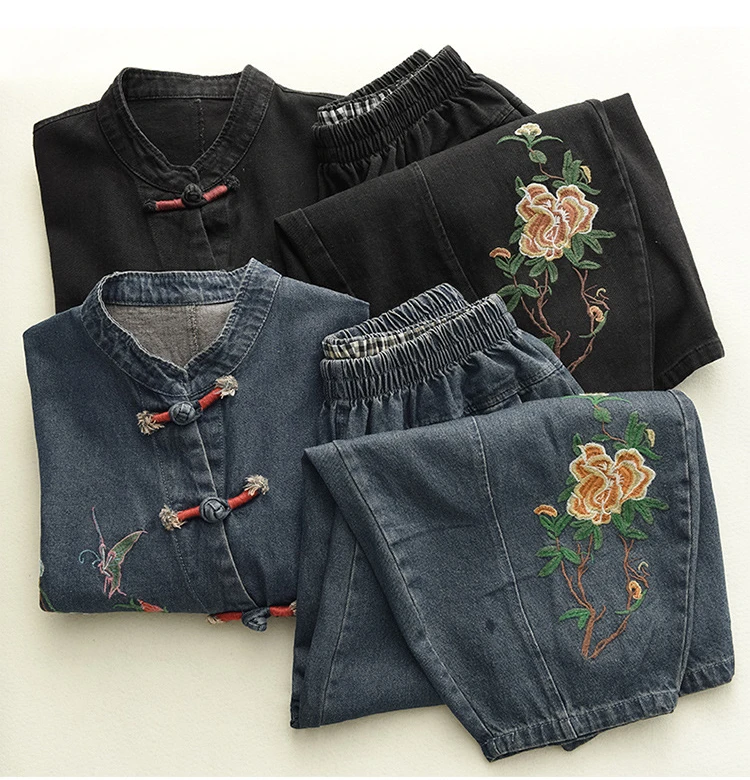 AmaxluluE 2025 Fall Chinese Style Suits Women Denim Floral Two Pieces Sets Loose Fashion Jacket Vintage Elastic High Waist Jeans