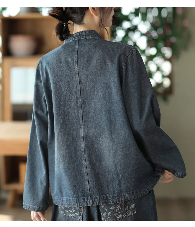 AmaxluluE 2025 Fall Chinese Style Suits Women Denim Floral Two Pieces Sets Loose Fashion Jacket Vintage Elastic High Waist Jeans