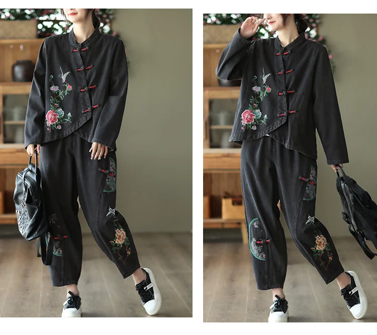 AmaxluluE 2025 Fall Chinese Style Suits Women Denim Floral Two Pieces Sets Loose Fashion Jacket Vintage Elastic High Waist Jeans