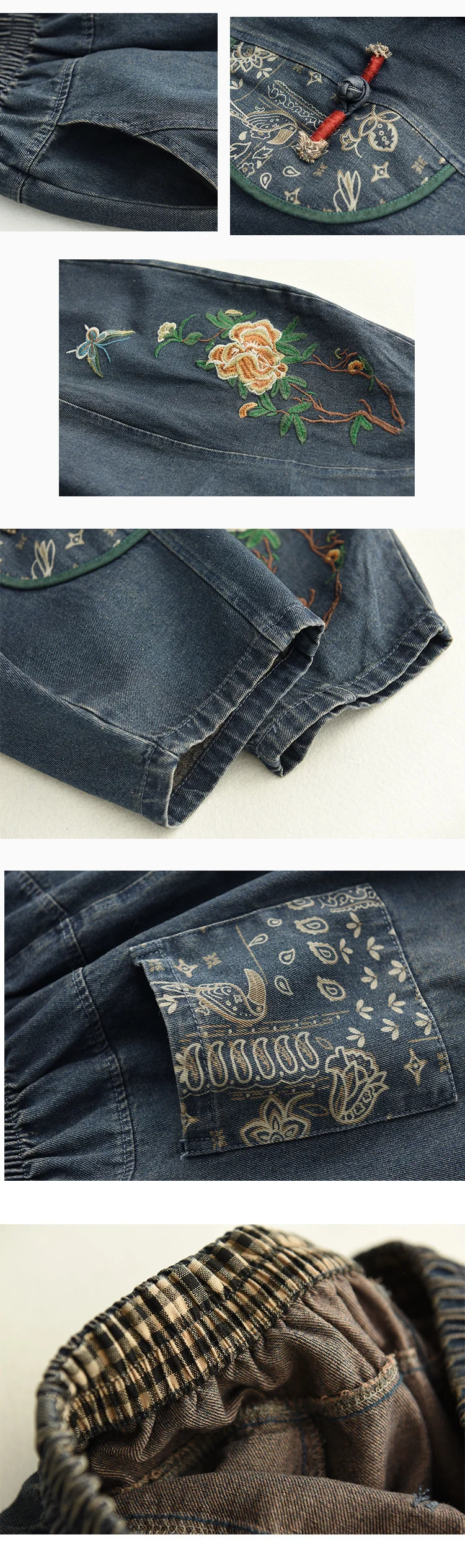 AmaxluluE 2025 Fall Chinese Style Suits Women Denim Floral Two Pieces Sets Loose Fashion Jacket Vintage Elastic High Waist Jeans