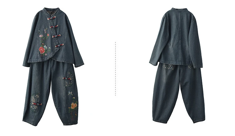 AmaxluluE 2025 Fall Chinese Style Suits Women Denim Floral Two Pieces Sets Loose Fashion Jacket Vintage Elastic High Waist Jeans