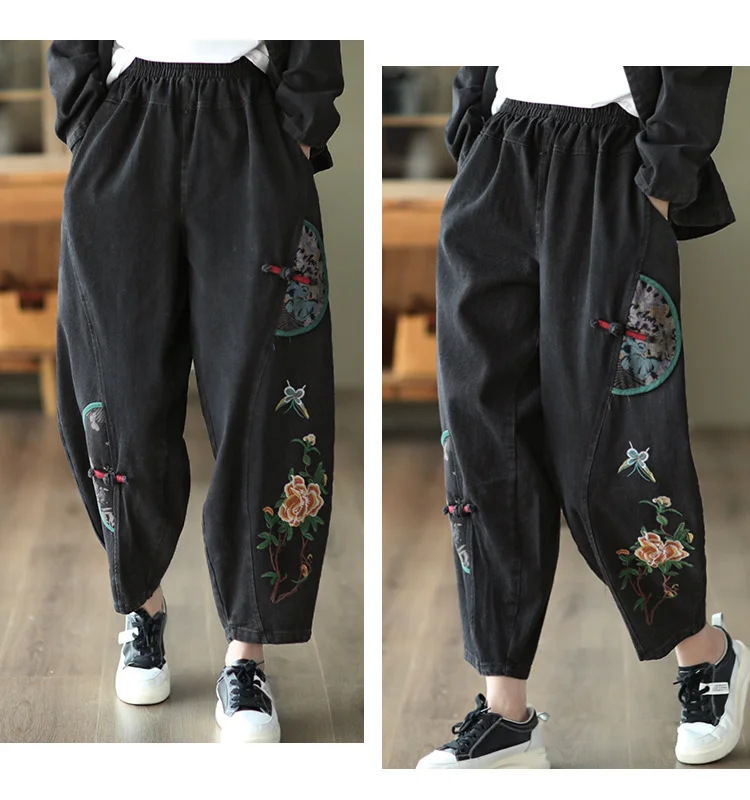 AmaxluluE 2025 Fall Chinese Style Suits Women Denim Floral Two Pieces Sets Loose Fashion Jacket Vintage Elastic High Waist Jeans