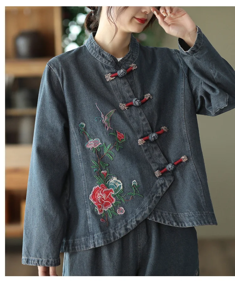 AmaxluluE 2025 Fall Chinese Style Suits Women Denim Floral Two Pieces Sets Loose Fashion Jacket Vintage Elastic High Waist Jeans