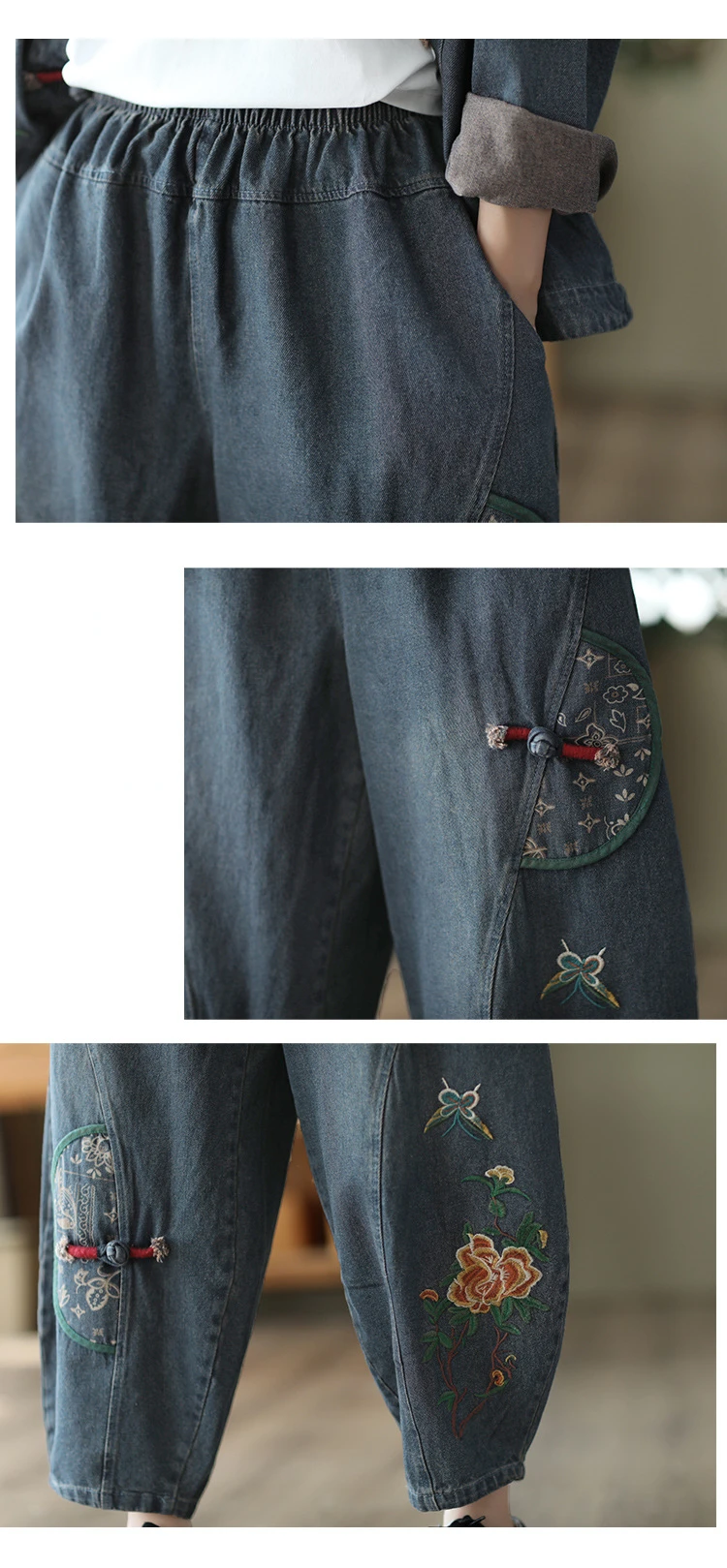 AmaxluluE 2025 Fall Chinese Style Suits Women Denim Floral Two Pieces Sets Loose Fashion Jacket Vintage Elastic High Waist Jeans