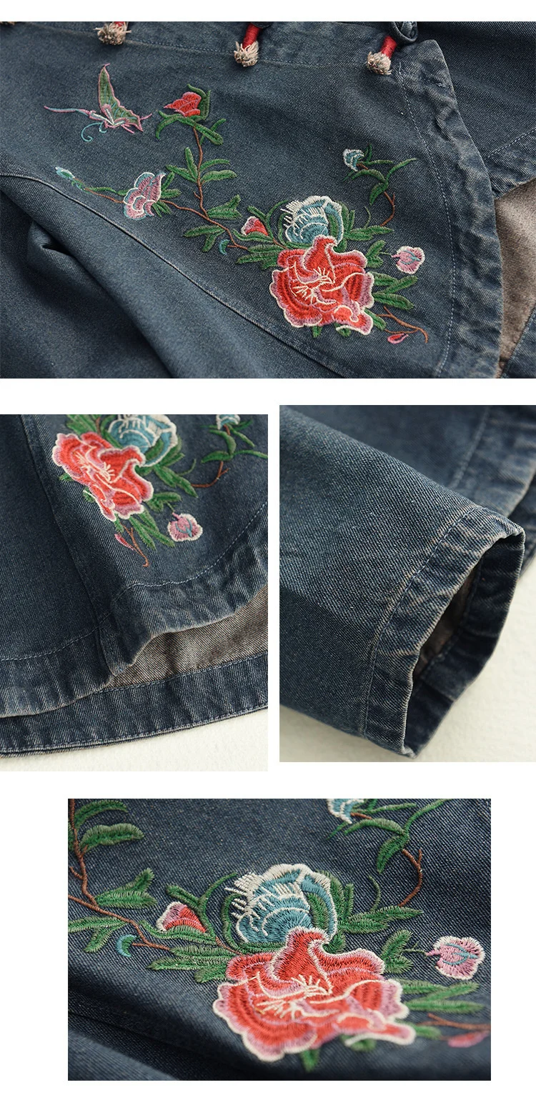 AmaxluluE 2025 Fall Chinese Style Suits Women Denim Floral Two Pieces Sets Loose Fashion Jacket Vintage Elastic High Waist Jeans