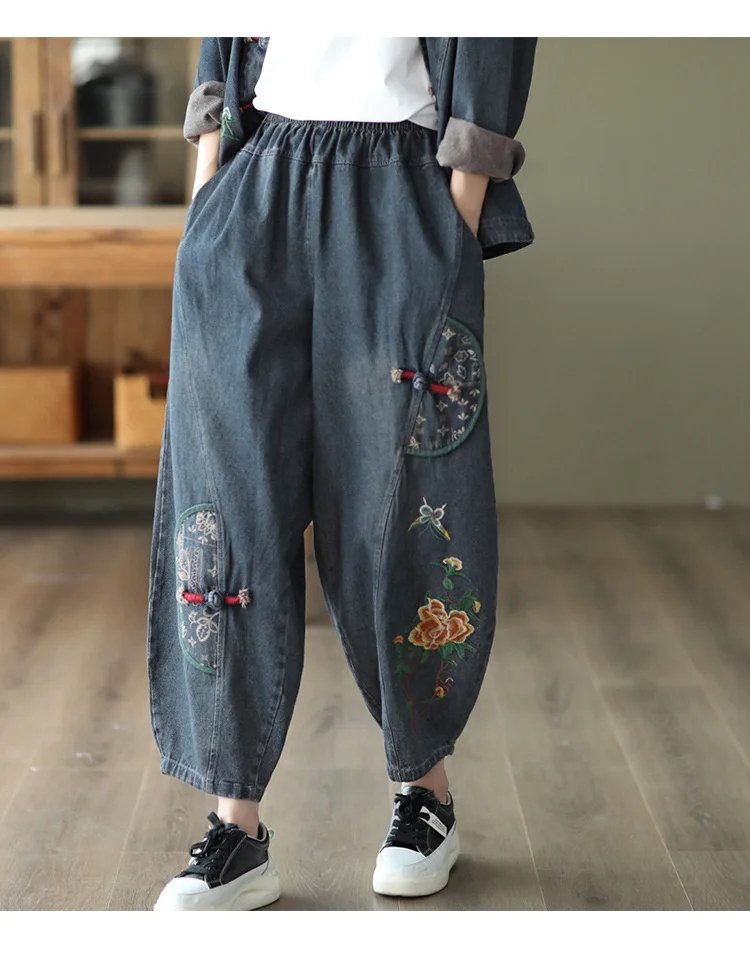 AmaxluluE 2025 Fall Chinese Style Suits Women Denim Floral Two Pieces Sets Loose Fashion Jacket Vintage Elastic High Waist Jeans