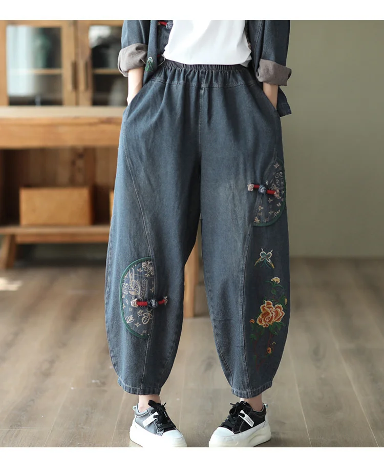 AmaxluluE 2025 Fall Chinese Style Suits Women Denim Floral Two Pieces Sets Loose Fashion Jacket Vintage Elastic High Waist Jeans