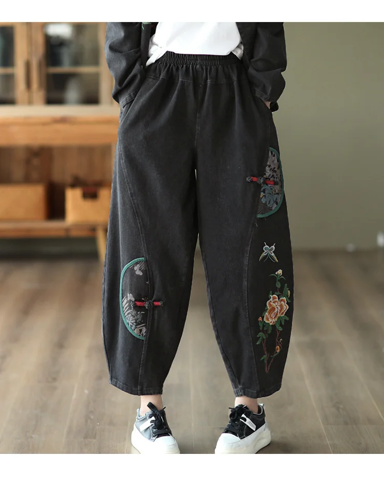 AmaxluluE 2025 Fall Chinese Style Suits Women Denim Floral Two Pieces Sets Loose Fashion Jacket Vintage Elastic High Waist Jeans