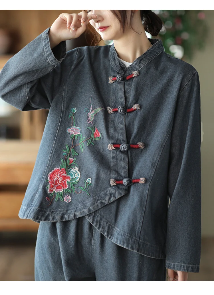 AmaxluluE 2025 Fall Chinese Style Suits Women Denim Floral Two Pieces Sets Loose Fashion Jacket Vintage Elastic High Waist Jeans