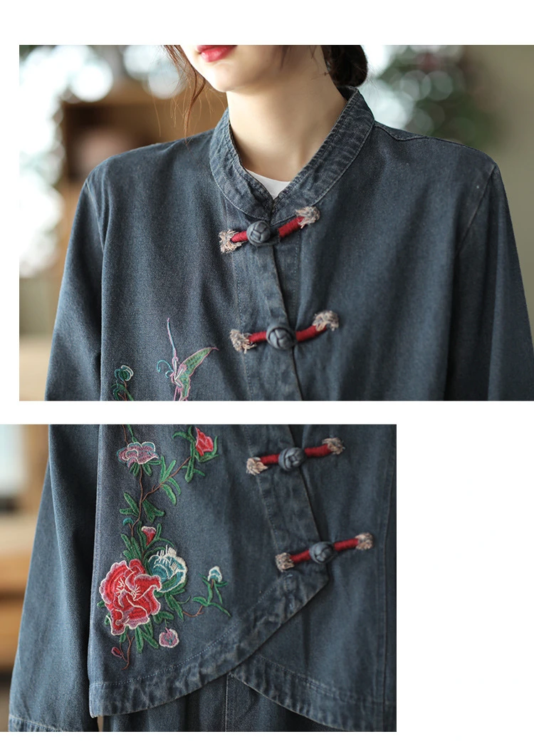 AmaxluluE 2025 Fall Chinese Style Suits Women Denim Floral Two Pieces Sets Loose Fashion Jacket Vintage Elastic High Waist Jeans