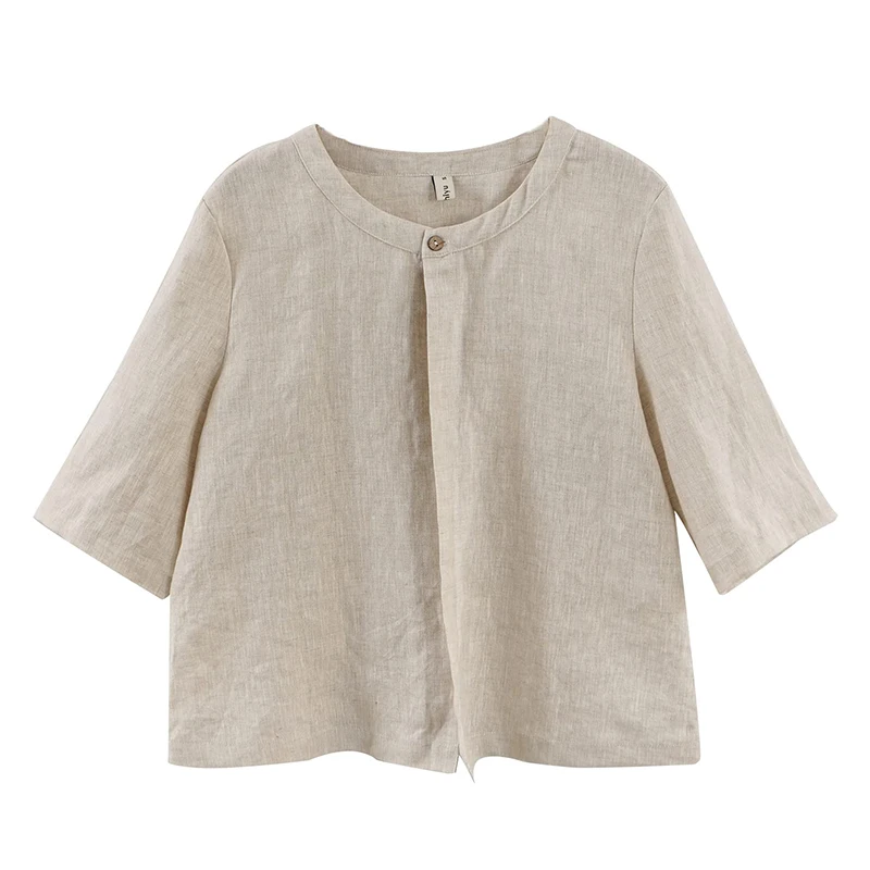 Retro 100% Linen Women Jacket Cardigan Casual Loose Half Sleeve Button Up Basic Coats Overcoat Female Veste Femme