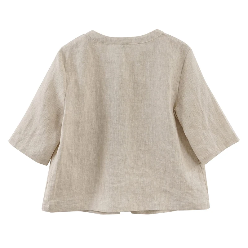 Retro 100% Linen Women Jacket Cardigan Casual Loose Half Sleeve Button Up Basic Coats Overcoat Female Veste Femme