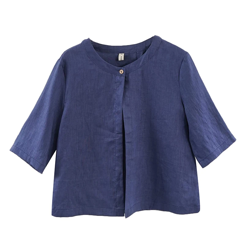 Retro 100% Linen Women Jacket Cardigan Casual Loose Half Sleeve Button Up Basic Coats Overcoat Female Veste Femme