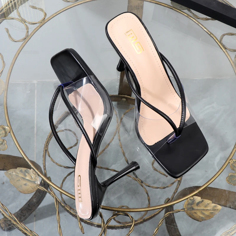 Shoes for Women 2026 Designer Luxury New Stiletto Flip Flops Clip Toe Outdoor Transparent Slippers Black Temperament Sandals 9CM