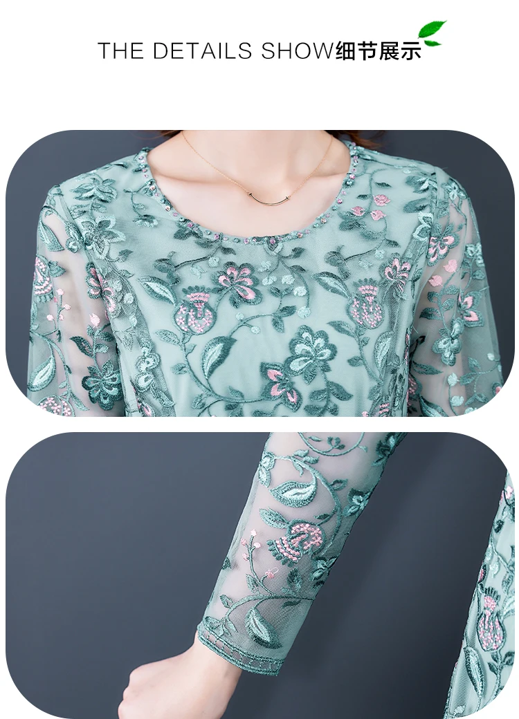 2023 Spring and Summer New Temperament Mesh Long Sleeve Lace Flower Embroidery Dress Round Neck Waist Slim Knee Length Dress