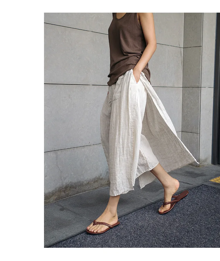 Vintage Women's Summer Pants 100% Linen Wide Leg Pant Skirt Pocket Elastic High Waist Loose Casual Loose Trousers Female Bottom