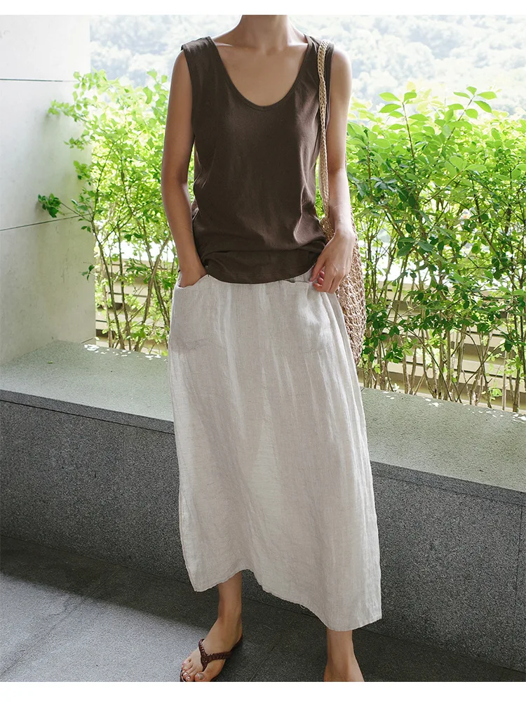Vintage Women's Summer Pants 100% Linen Wide Leg Pant Skirt Pocket Elastic High Waist Loose Casual Loose Trousers Female Bottom