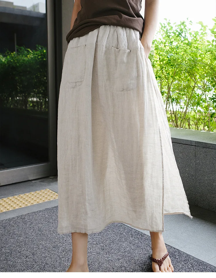 Vintage Women's Summer Pants 100% Linen Wide Leg Pant Skirt Pocket Elastic High Waist Loose Casual Loose Trousers Female Bottom