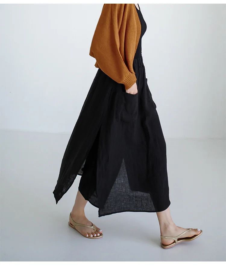 Vintage Women's Summer Pants 100% Linen Wide Leg Pant Skirt Pocket Elastic High Waist Loose Casual Loose Trousers Female Bottom