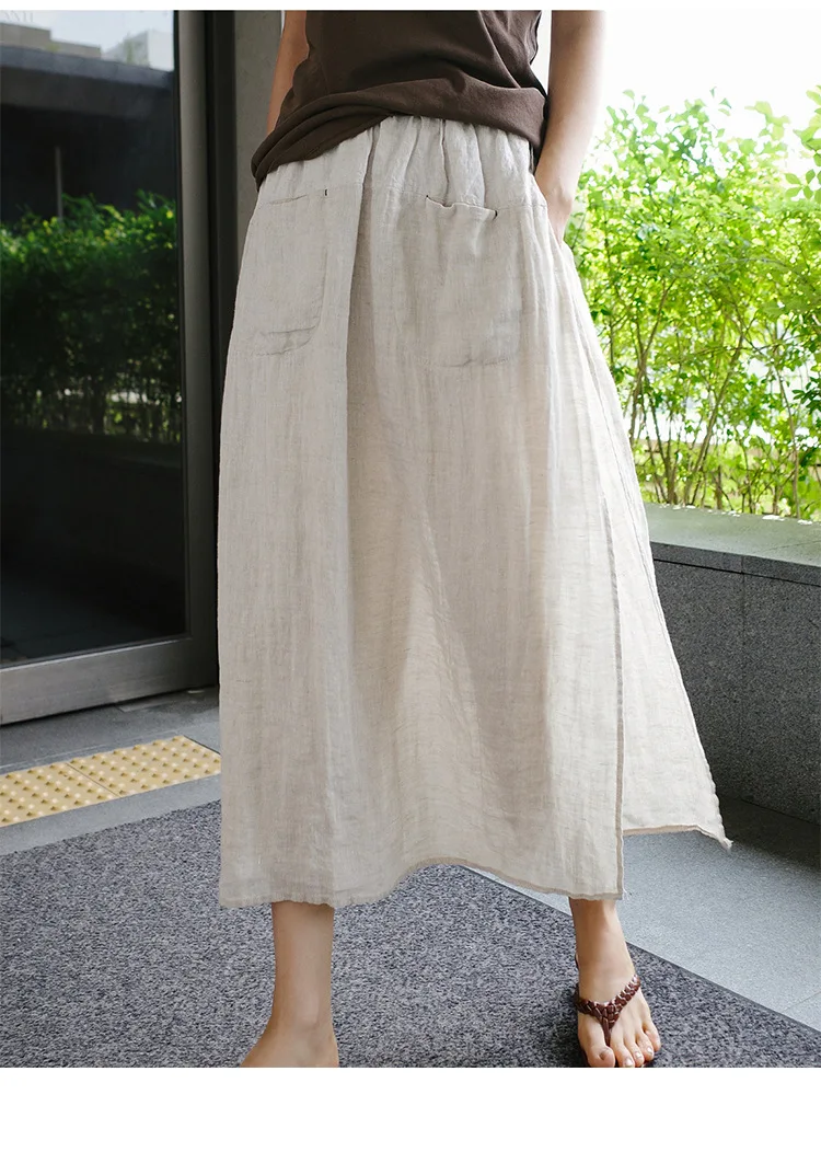 Vintage Women's Summer Pants 100% Linen Wide Leg Pant Skirt Pocket Elastic High Waist Loose Casual Loose Trousers Female Bottom