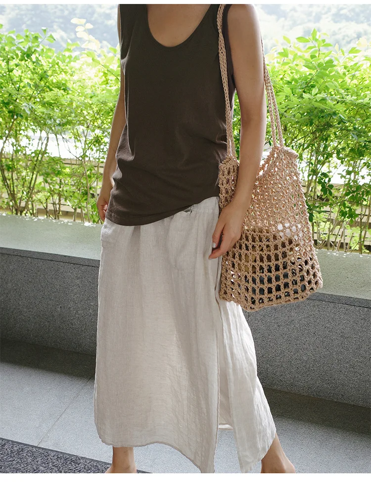 Vintage Women's Summer Pants 100% Linen Wide Leg Pant Skirt Pocket Elastic High Waist Loose Casual Loose Trousers Female Bottom