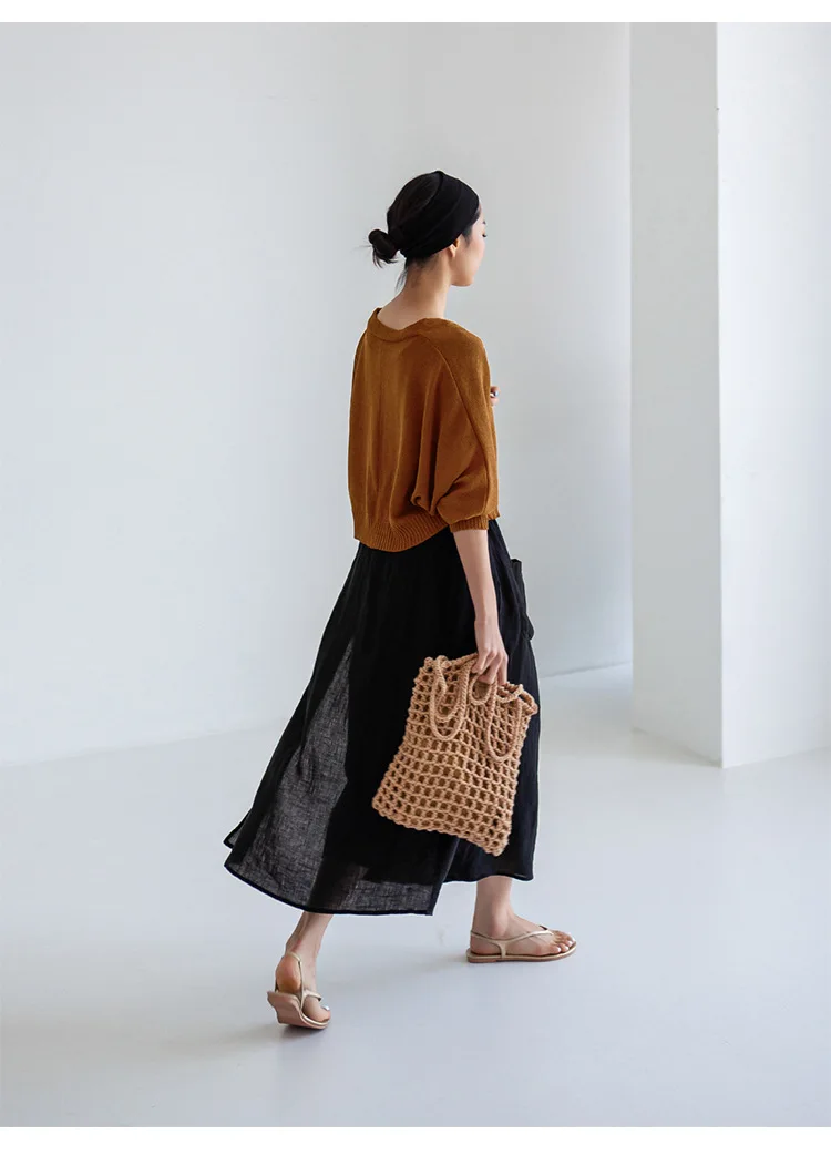 Vintage Women's Summer Pants 100% Linen Wide Leg Pant Skirt Pocket Elastic High Waist Loose Casual Loose Trousers Female Bottom