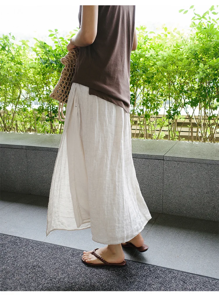 Vintage Women's Summer Pants 100% Linen Wide Leg Pant Skirt Pocket Elastic High Waist Loose Casual Loose Trousers Female Bottom