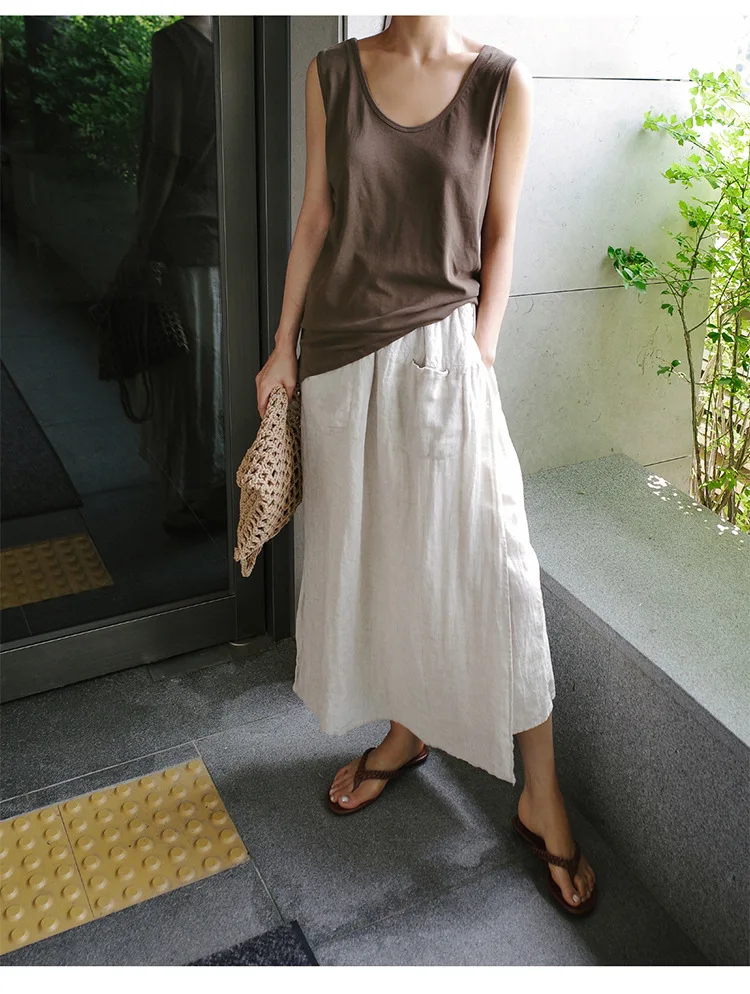 Vintage Women's Summer Pants 100% Linen Wide Leg Pant Skirt Pocket Elastic High Waist Loose Casual Loose Trousers Female Bottom