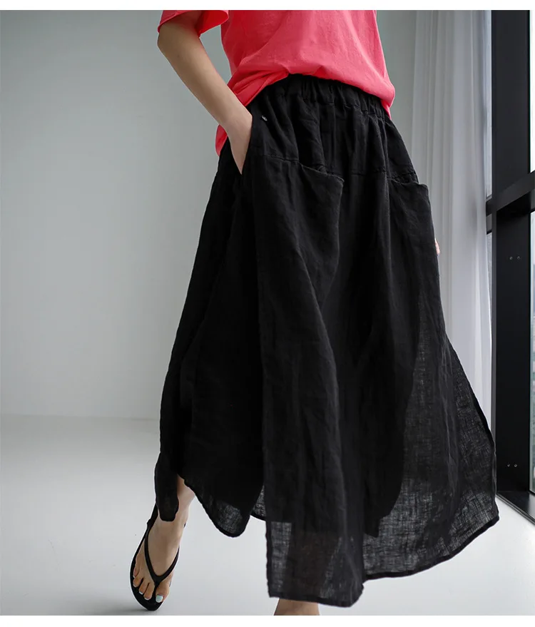 Vintage Women's Summer Pants 100% Linen Wide Leg Pant Skirt Pocket Elastic High Waist Loose Casual Loose Trousers Female Bottom
