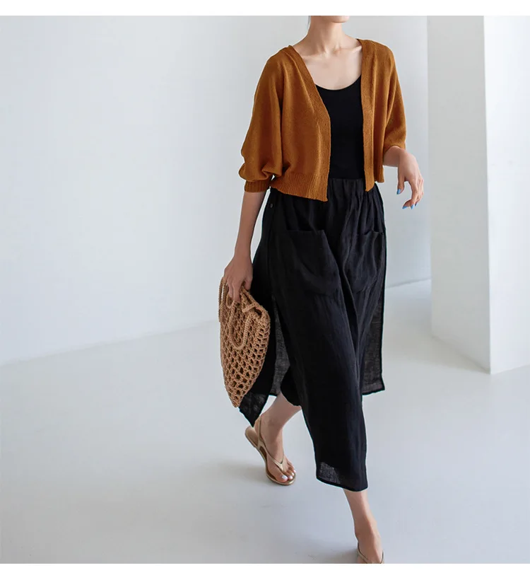 Vintage Women's Summer Pants 100% Linen Wide Leg Pant Skirt Pocket Elastic High Waist Loose Casual Loose Trousers Female Bottom