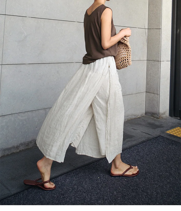 Vintage Women's Summer Pants 100% Linen Wide Leg Pant Skirt Pocket Elastic High Waist Loose Casual Loose Trousers Female Bottom