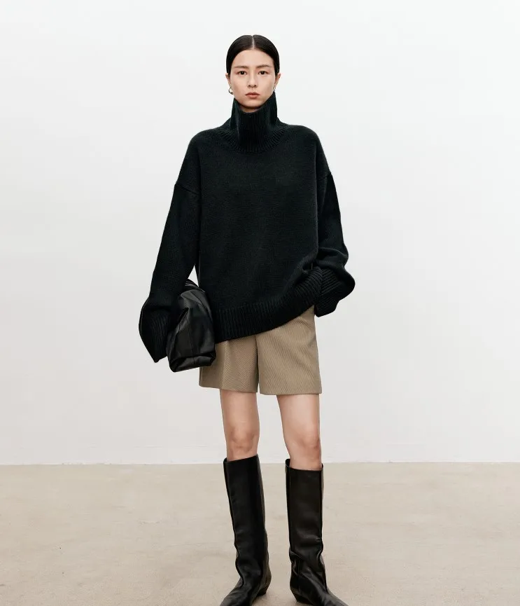 Turtleneck pure cashmere sweater female loose and thick languid lazy wind pullover sweater knitting base WOOL sweater