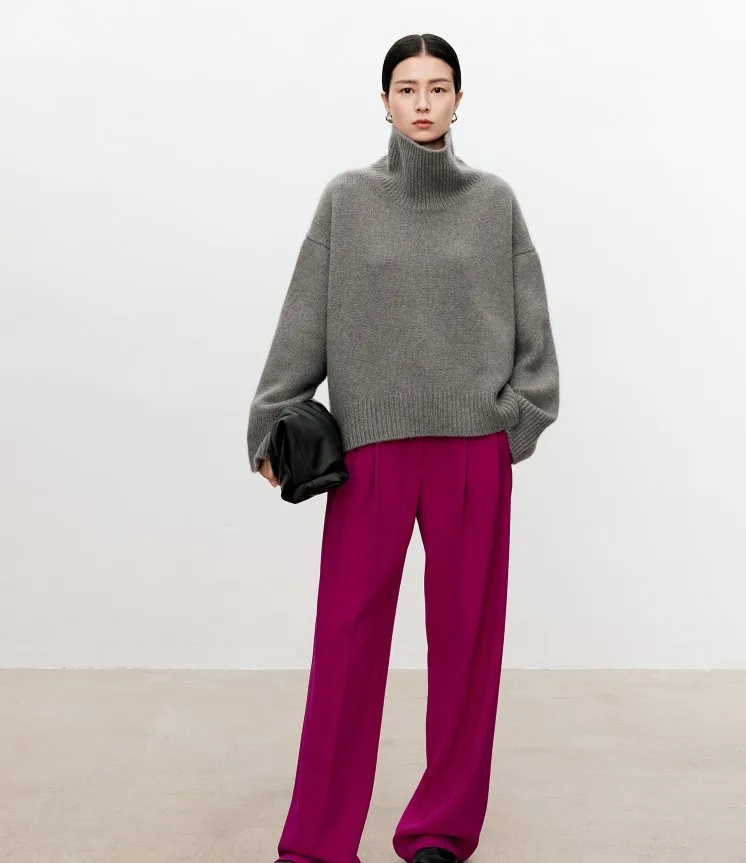Turtleneck pure cashmere sweater female loose and thick languid lazy wind pullover sweater knitting base WOOL sweater