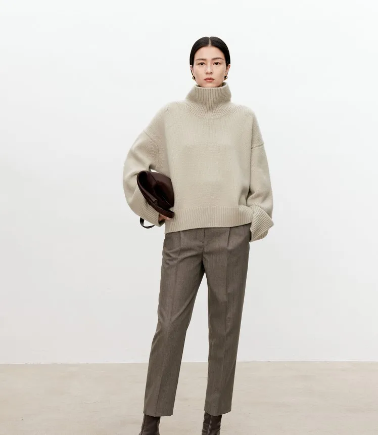 Turtleneck pure cashmere sweater female loose and thick languid lazy wind pullover sweater knitting base WOOL sweater