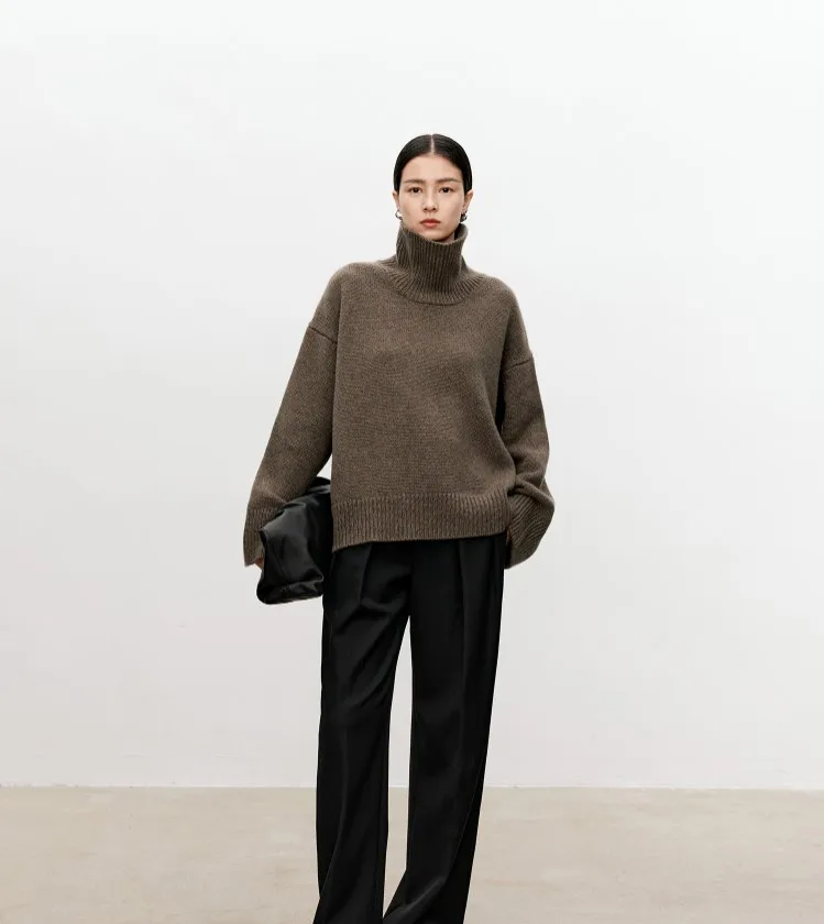 Turtleneck pure cashmere sweater female loose and thick languid lazy wind pullover sweater knitting base WOOL sweater