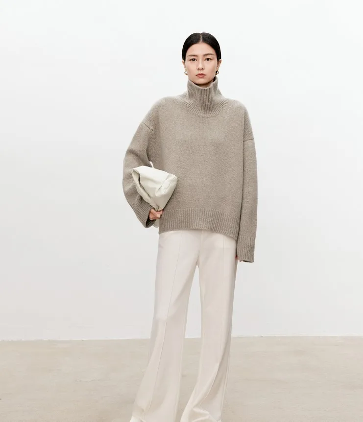 Turtleneck pure cashmere sweater female loose and thick languid lazy wind pullover sweater knitting base WOOL sweater