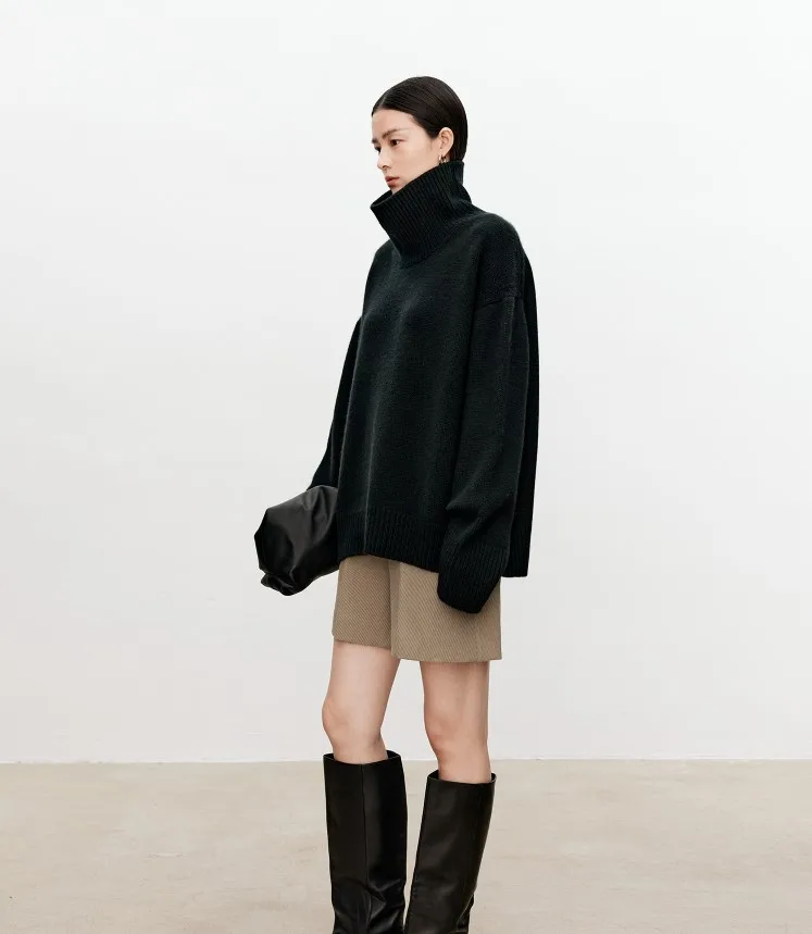 Turtleneck pure cashmere sweater female loose and thick languid lazy wind pullover sweater knitting base WOOL sweater