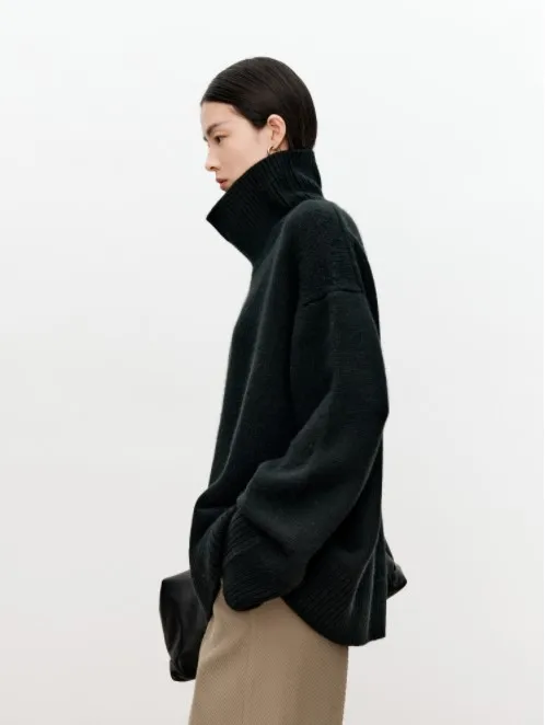 Turtleneck pure cashmere sweater female loose and thick languid lazy wind pullover sweater knitting base WOOL sweater