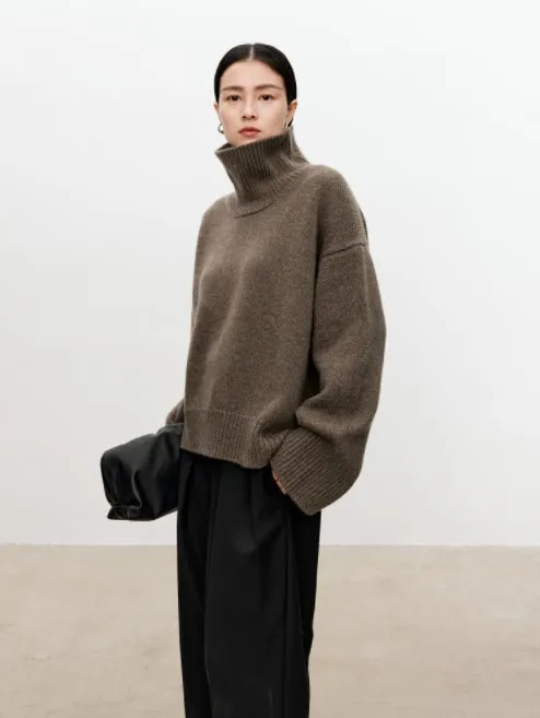 Turtleneck pure cashmere sweater female loose and thick languid lazy wind pullover sweater knitting base WOOL sweater