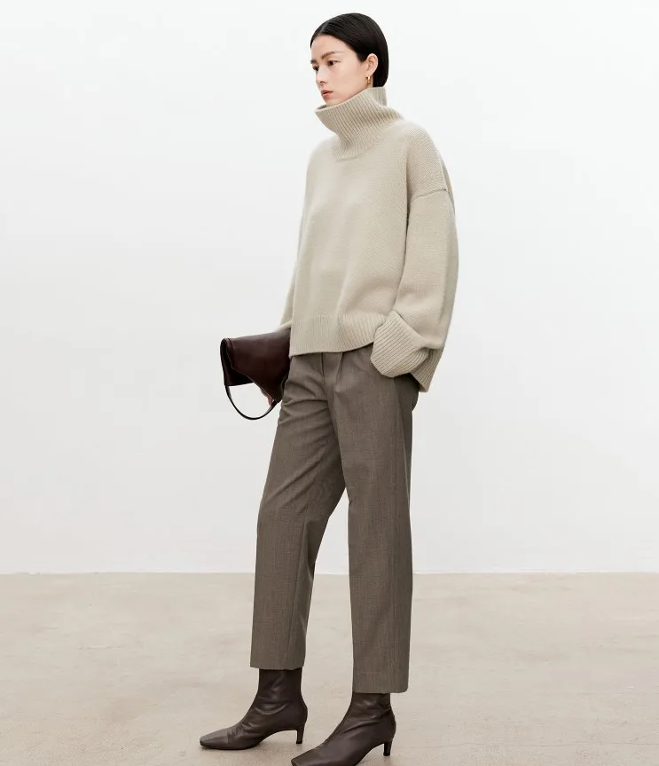 Turtleneck pure cashmere sweater female loose and thick languid lazy wind pullover sweater knitting base WOOL sweater