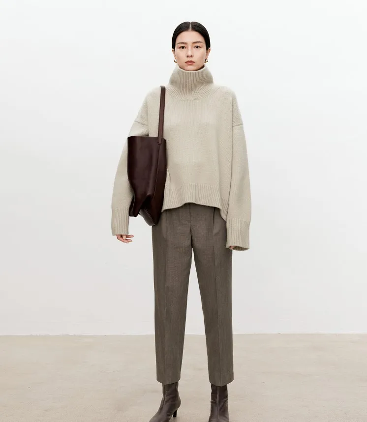 Turtleneck pure cashmere sweater female loose and thick languid lazy wind pullover sweater knitting base WOOL sweater