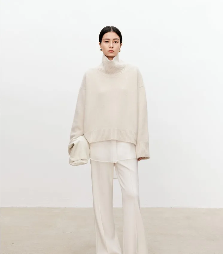 Turtleneck pure cashmere sweater female loose and thick languid lazy wind pullover sweater knitting base WOOL sweater