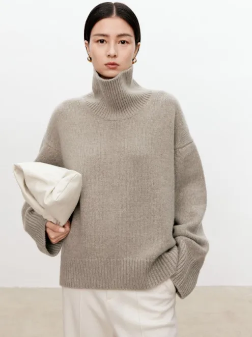 Turtleneck pure cashmere sweater female loose and thick languid lazy wind pullover sweater knitting base WOOL sweater