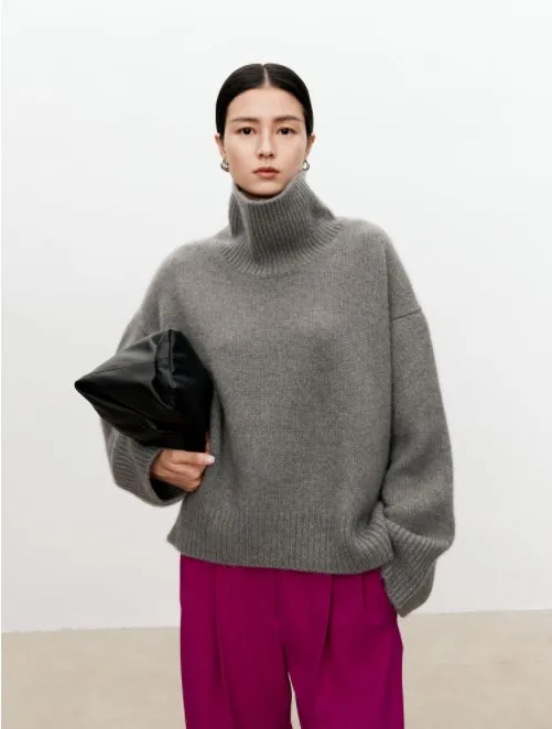 Turtleneck pure cashmere sweater female loose and thick languid lazy wind pullover sweater knitting base WOOL sweater