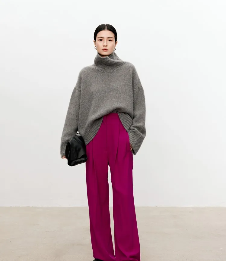 Turtleneck pure cashmere sweater female loose and thick languid lazy wind pullover sweater knitting base WOOL sweater