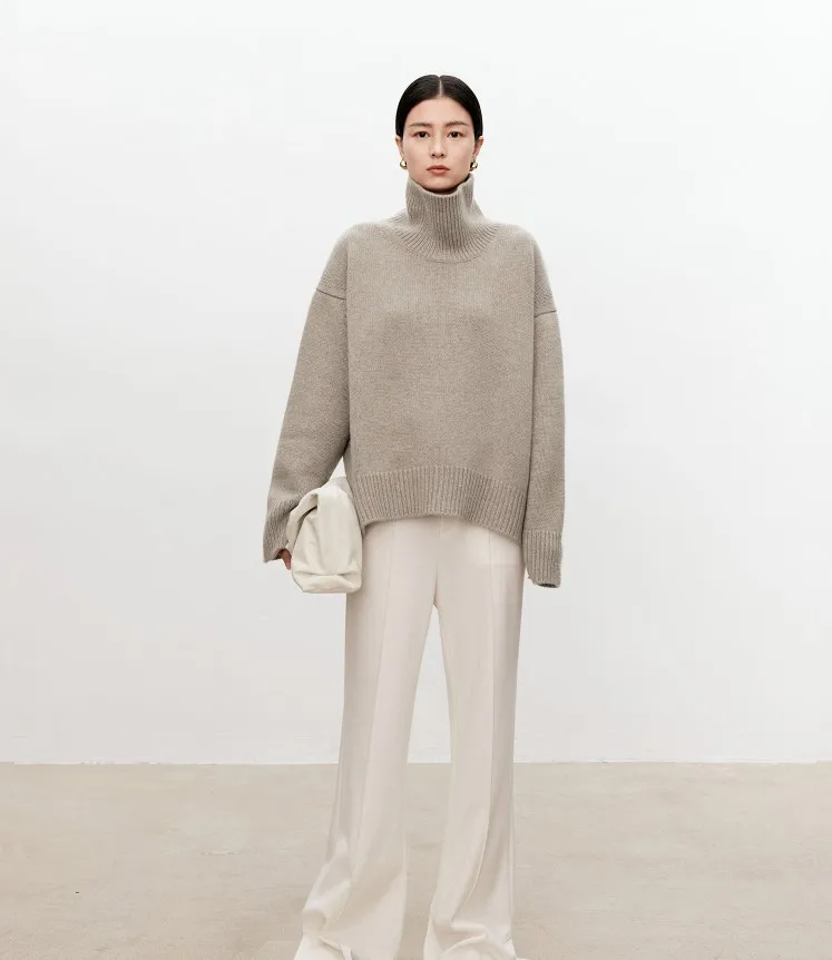 Turtleneck pure cashmere sweater female loose and thick languid lazy wind pullover sweater knitting base WOOL sweater